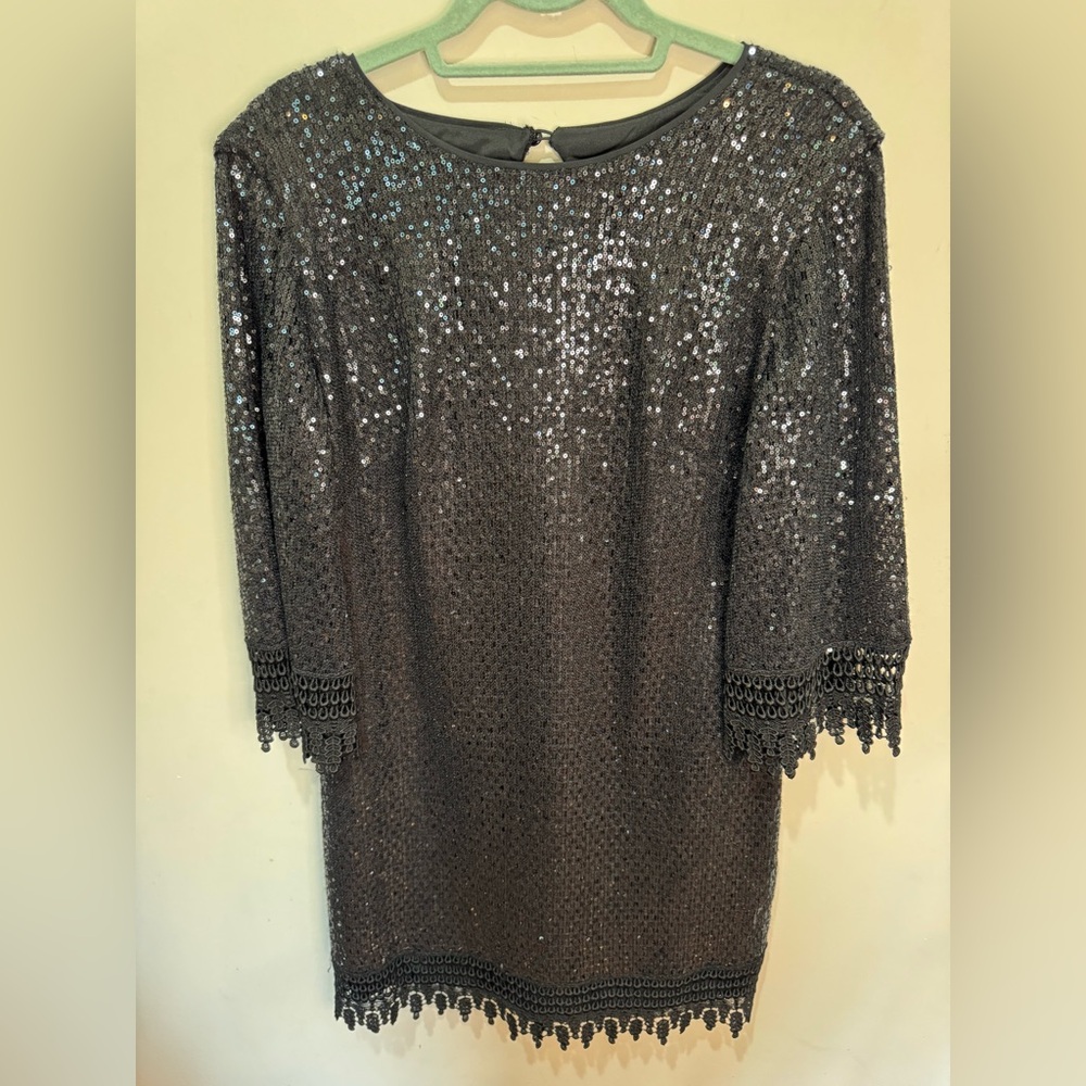 DRESS THE POPULATION Black Sequin Long Sleeve Dress Sz XL NWT